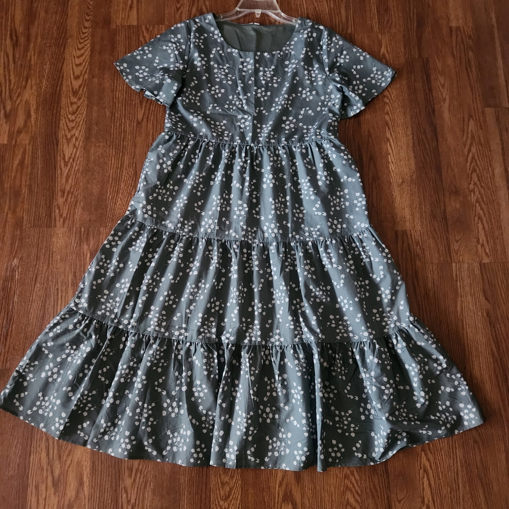 Sage Green Floral Tiered Midi Dress